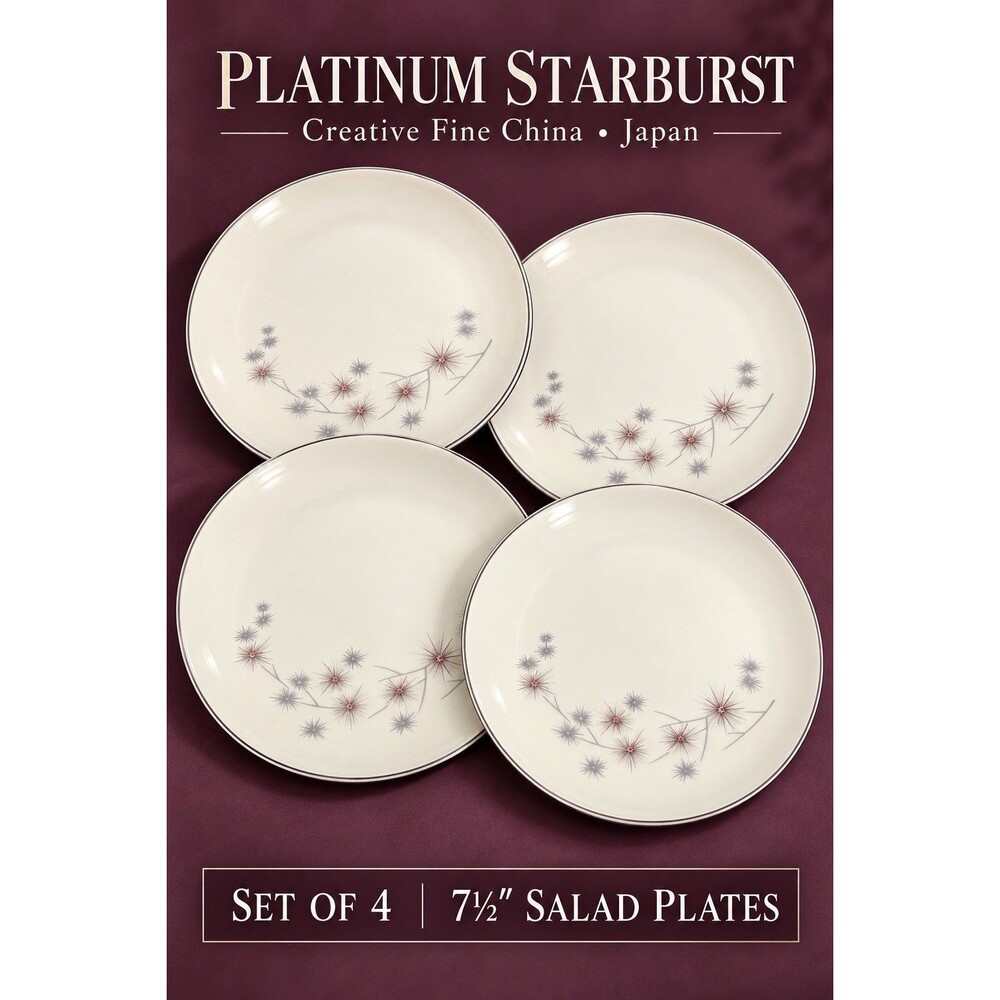 Vintage Creative Fine China Platinum Starburst Salad Plates Set of 4